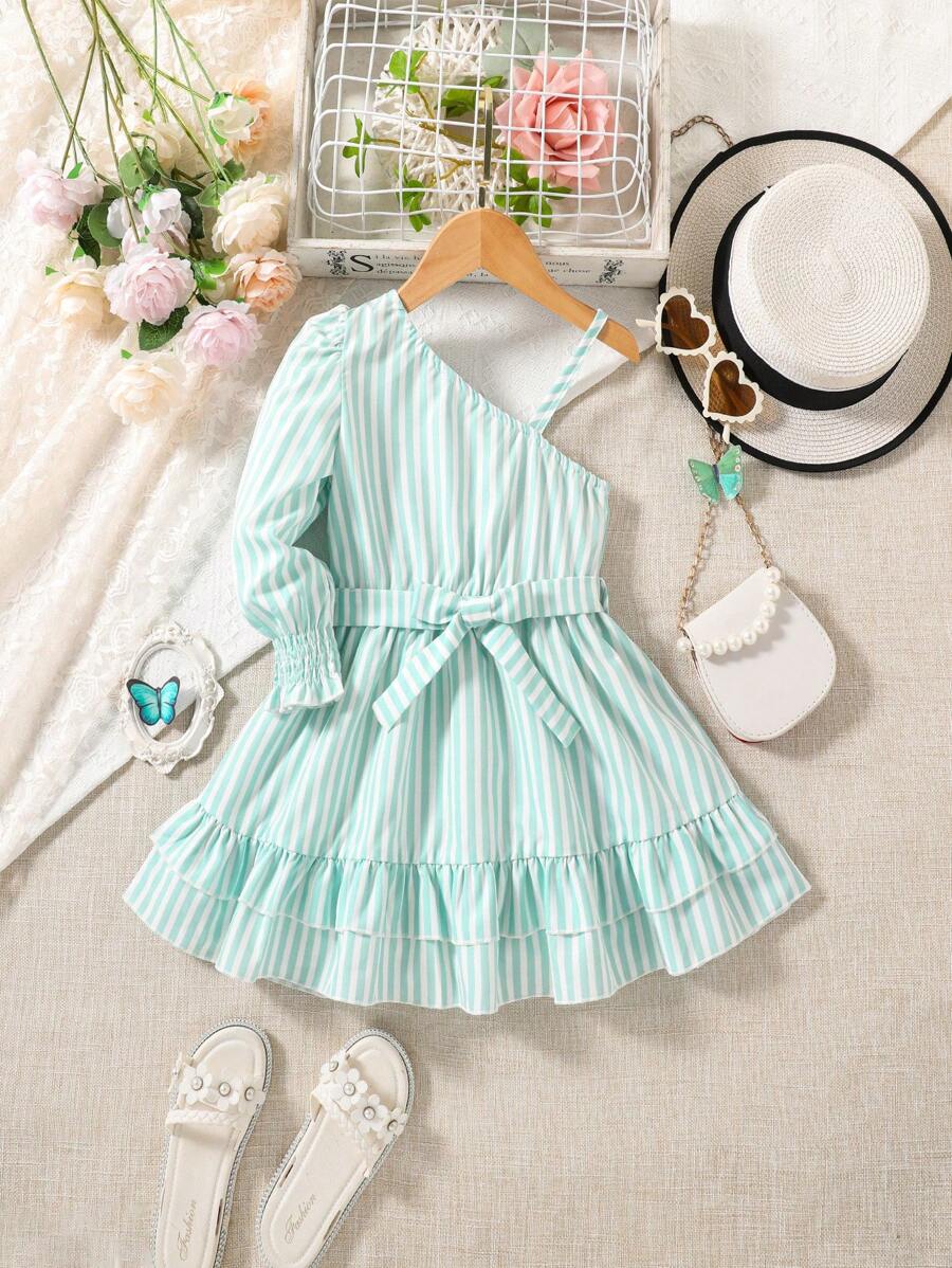 SHEIN Toddler Girls Striped Asymmetrical Neck Ruffle Hem Belted Dress - Green - View 1