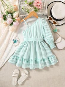SHEIN Toddler Girls Striped Asymmetrical Neck Ruffle Hem Belted Dress - Green - View 2