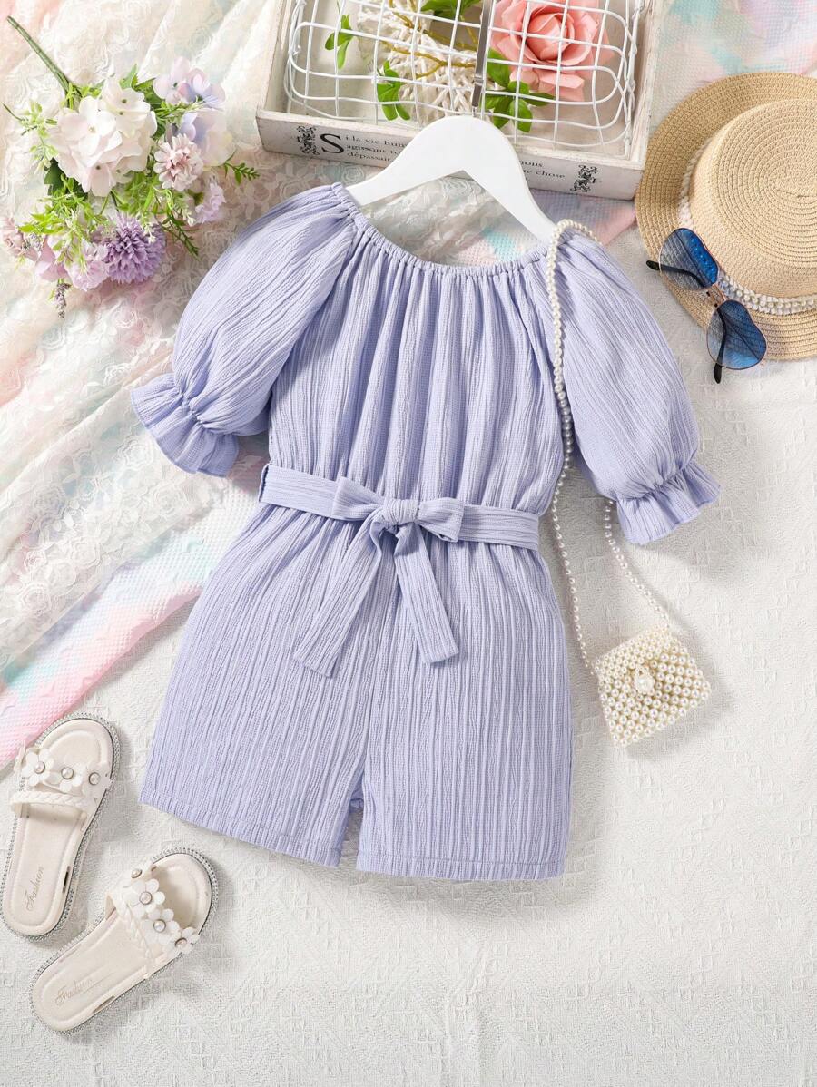 小女童喇叭袖腰帶連身短褲 - 紫色 - 查看 1
