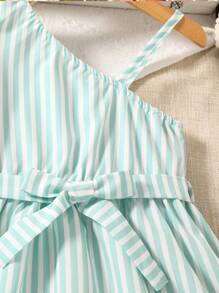 SHEIN Toddler Girls Striped Asymmetrical Neck Ruffle Hem Belted Dress - Green - View 4
