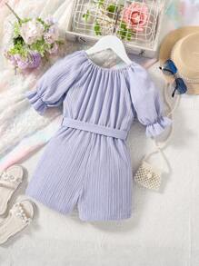 小女童喇叭袖腰帶連身短褲 - 紫色 - 查看 2