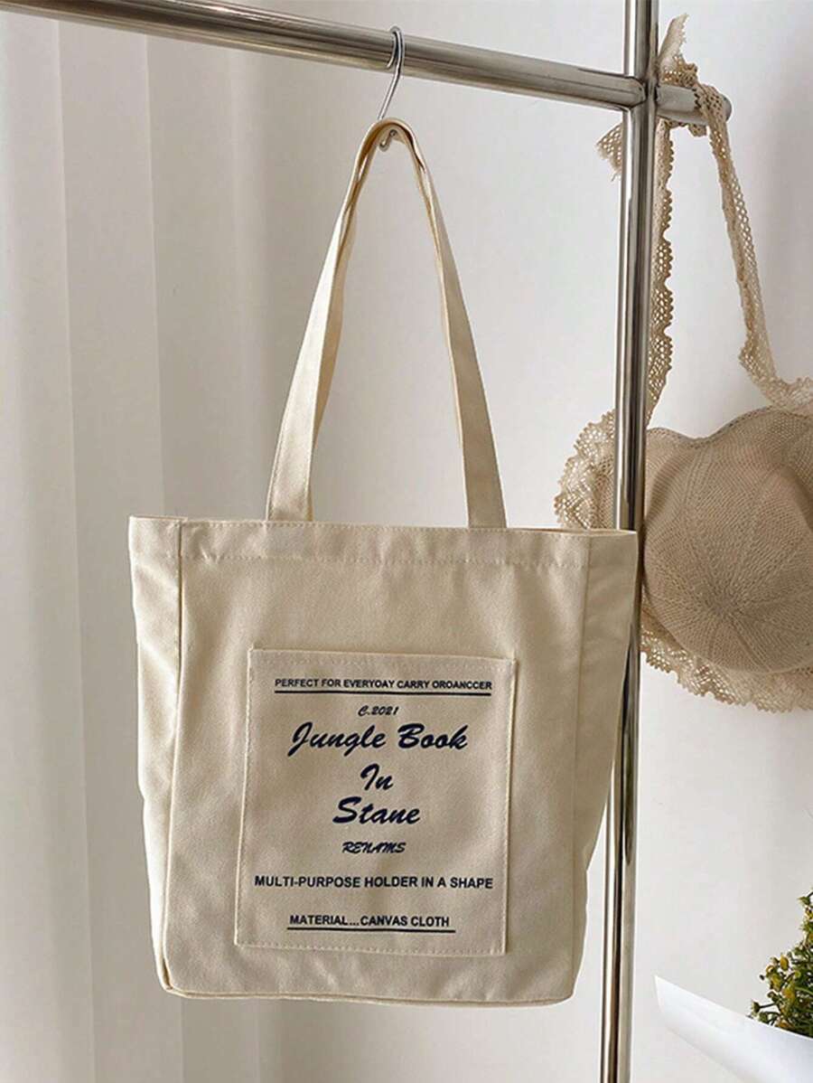 標語圖案購物袋雙手柄滌綸休閒單肩包、斜挎包、斜挎包、手提包、手提包學院風、經典、動漫、有趣帆布大包女式、女士、情人、學校旅行、工作和辦公室、週末和假期, 學校 , 旅遊 度假必備 - 米色 - 查看 1