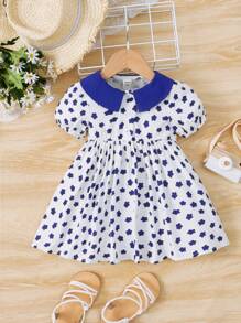 SHEIN 嬰兒滿版印花彼得潘領泡泡袖連衣裙 - 藍白色 - 查看 1