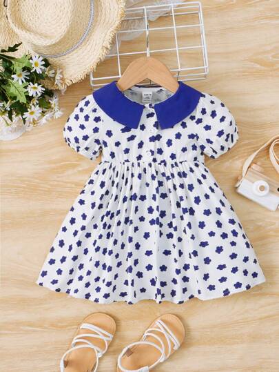 SHEIN 嬰兒滿版印花彼得潘領泡泡袖連衣裙