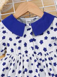 SHEIN 嬰兒滿版印花彼得潘領泡泡袖連衣裙 - 藍白色 - 查看 3