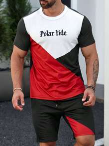 Manfinity Homme 男士字母圖案撞色T恤和腰部抽繩短褲 - 彩色 - 查看 1