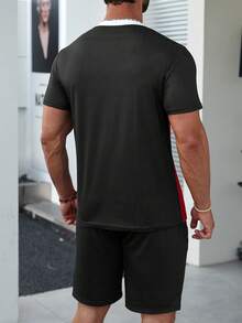 Manfinity Homme 男士字母圖案撞色T恤和腰部抽繩短褲 - 彩色 - 查看 2