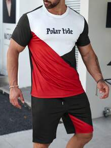 Manfinity Homme 男士字母圖案撞色T恤和腰部抽繩短褲 - 彩色 - 查看 4