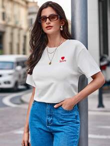 SHEIN Frenchy 心和字母刺繡落肩T恤 - 白色 - 查看 5