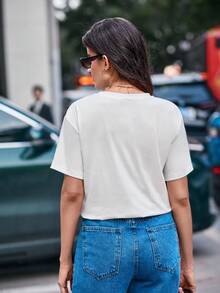 SHEIN Frenchy 心和字母刺繡落肩T恤 - 白色 - 查看 6