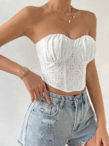 SHEIN Privé Ruched Bustier Bandeau Top - White - View 1