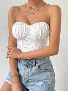 SHEIN Privé Ruched Bustier Bandeau Top - White - View 5