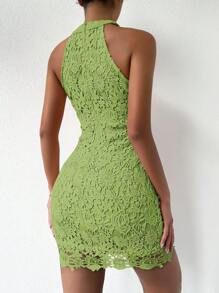 SHEIN LUNE Guipure Lace Halter Neck Bodycon Dress - Lime Green - View 2