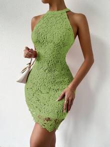 SHEIN LUNE Guipure Lace Halter Neck Bodycon Dress - Lime Green - View 3