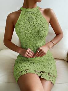 SHEIN LUNE Guipure Lace Halter Neck Bodycon Dress - Lime Green - View 4