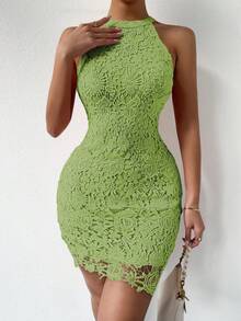 SHEIN LUNE Guipure Lace Halter Neck Bodycon Dress - Lime Green - View 5