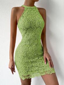 SHEIN LUNE Guipure Lace Halter Neck Bodycon Dress - Lime Green - View 6