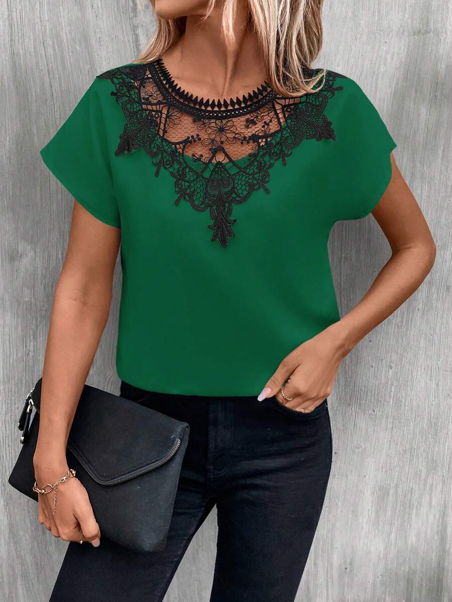 SHEIN LUNE Guipure Lace Panel Batwing Sleeve Blouse - Dark Green - View 1