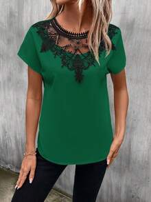 SHEIN LUNE Guipure Lace Panel Batwing Sleeve Blouse - Dark Green - View 3