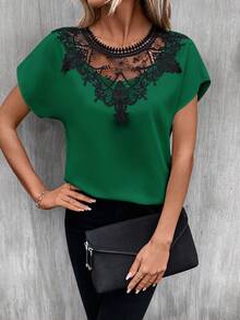 SHEIN LUNE Guipure Lace Panel Batwing Sleeve Blouse - Dark Green - View 5