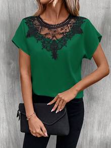 SHEIN LUNE Guipure Lace Panel Batwing Sleeve Blouse - Dark Green - View 6