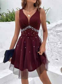 Breezaya Pearls Beaded Mesh Overlay Dress, Semi Formal Dress - Burgundy - View 1