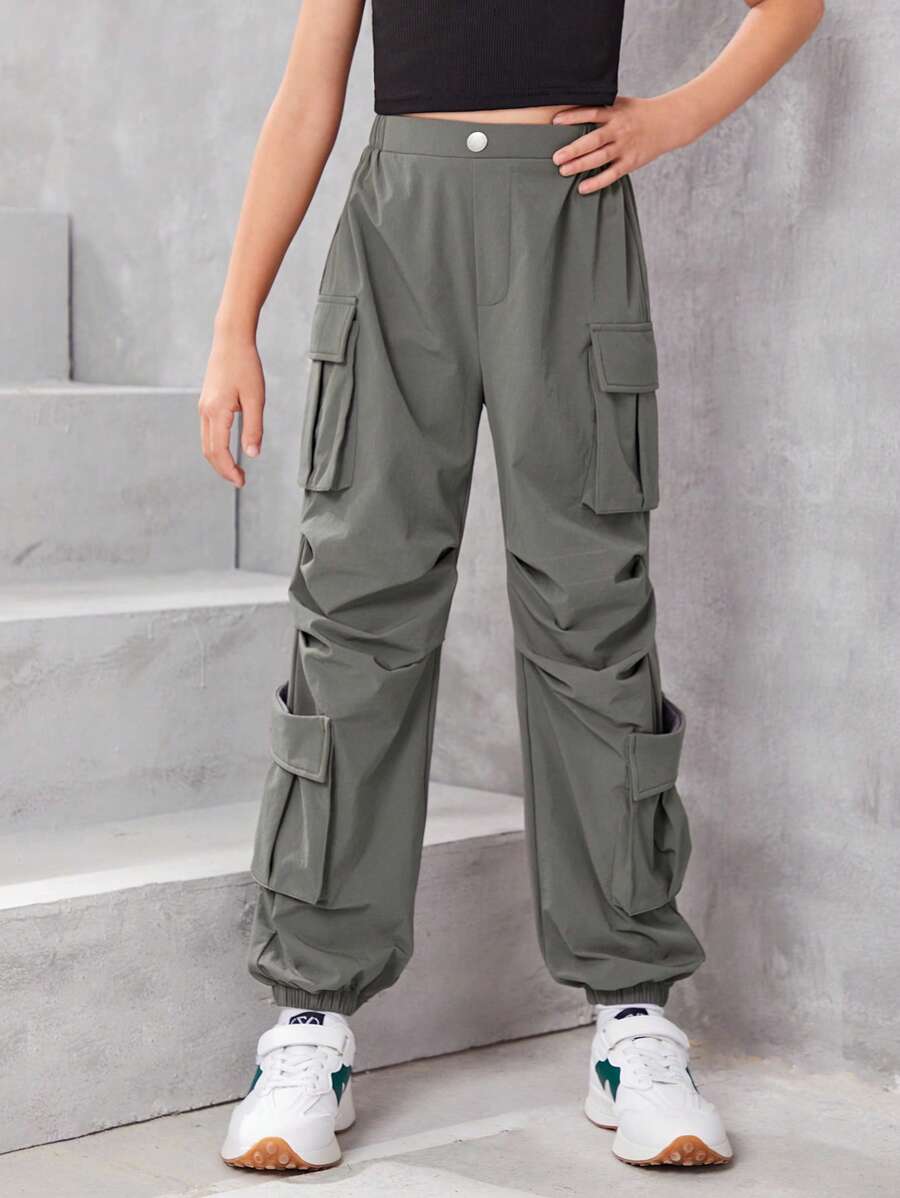 SHEIN Chicas Pantalones cargo con bolsillo lateral con solapa - Gris - Ver 1