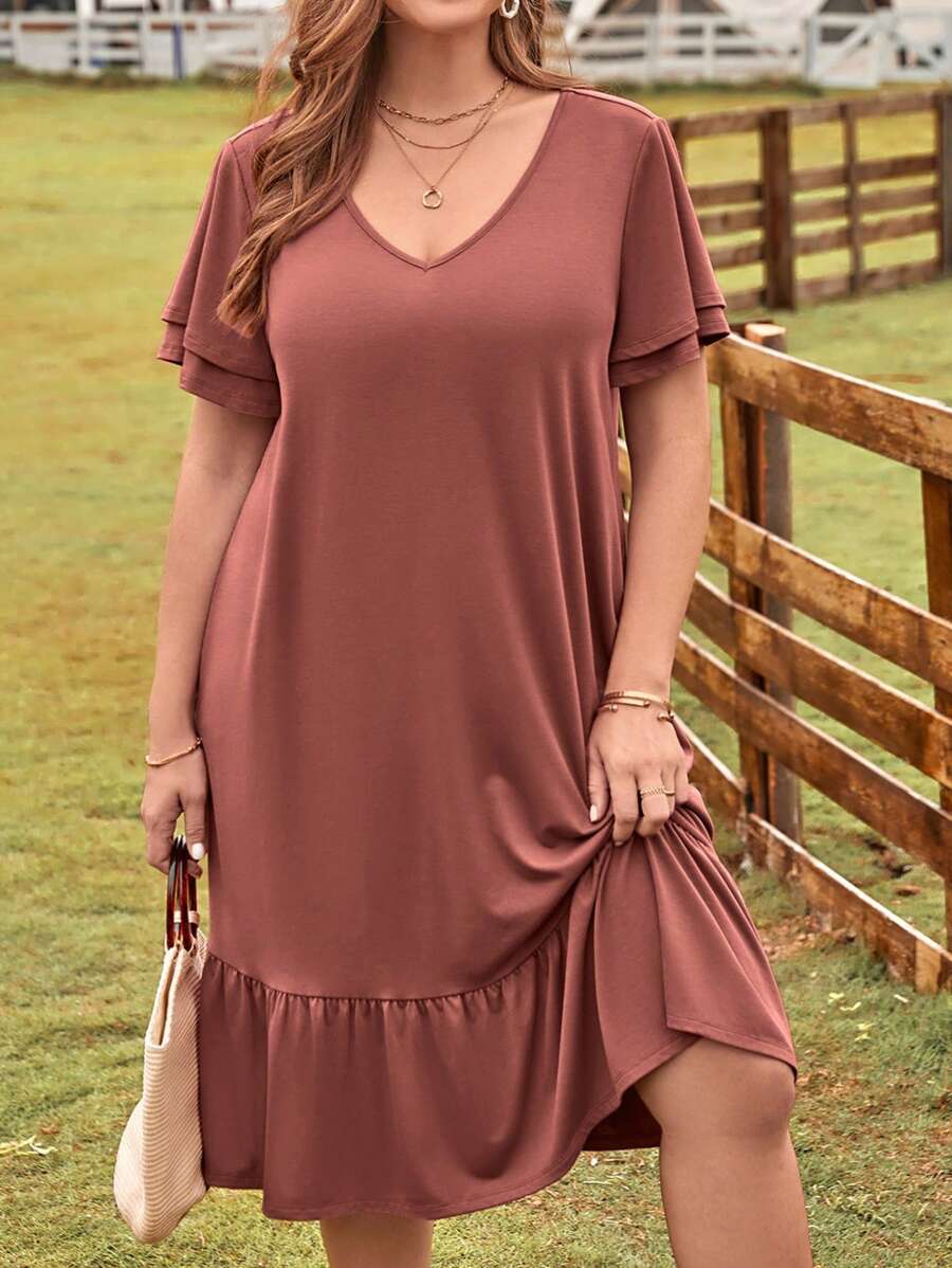 EMERY ROSE Đầm Plus Size Viên lá sen màu trơn Dễ thương - Bụi hồng - Xem 1