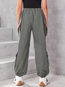 SHEIN Chicas Pantalones cargo con bolsillo lateral con solapa - Gris - Ver 2