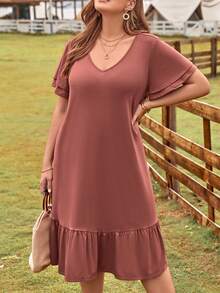 EMERY ROSE Đầm Plus Size Viên lá sen màu trơn Dễ thương - Bụi hồng - Xem 3