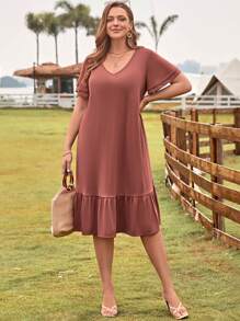 EMERY ROSE Đầm Plus Size Viên lá sen màu trơn Dễ thương - Bụi hồng - Xem 4