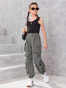 SHEIN Chicas Pantalones cargo con bolsillo lateral con solapa - Gris - Ver 5