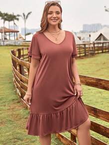 EMERY ROSE Đầm Plus Size Viên lá sen màu trơn Dễ thương - Bụi hồng - Xem 5