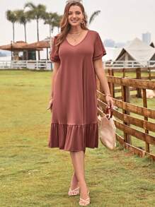 EMERY ROSE Đầm Plus Size Viên lá sen màu trơn Dễ thương - Bụi hồng - Xem 6