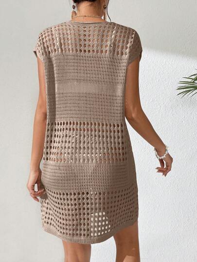 SHEIN Swim Women's Solid Color Hollow-Out Knit Cover Up Dress For Beach/Resort Summer