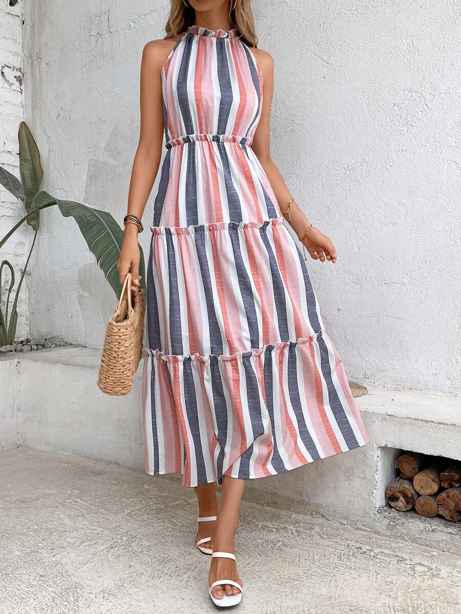 Breezaya Striped Print Ruffle Hem Halter Dress