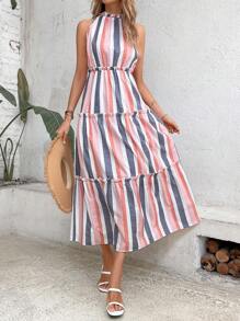 Breezaya Striped Print Ruffle Hem Halter Dress