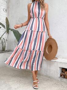 Breezaya Striped Print Ruffle Hem Halter Dress