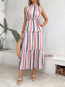 Breezaya Striped Print Ruffle Hem Halter Dress