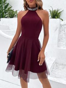 SHEIN VCAY 素色網紗覆蓋珍珠串珠繞頸連衣裙 - 酒紅色 - 查看 1