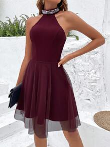 SHEIN VCAY 素色網紗覆蓋珍珠串珠繞頸連衣裙 - 酒紅色 - 查看 3