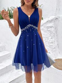 Breezaya Pearls Beaded Mesh Overlay Dress Vacation Beach Outfits Women