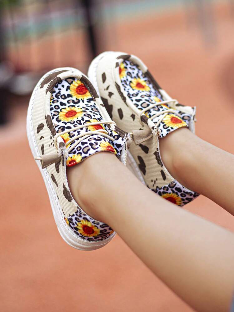 Girls Leopard & Sunflower Pattern Lace Up Design Sporty Slip On Shoes For Outdoor - Apricot - View 2