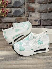 Sporty Wedge Sneakers For Women, Embroidery Detail Slip-on Sneakers - Multicolor - View 1
