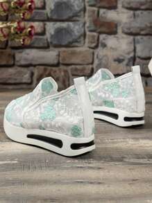 Sporty Wedge Sneakers For Women, Embroidery Detail Slip-on Sneakers - Multicolor - View 3