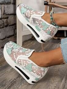 Sporty Wedge Sneakers For Women, Embroidery Detail Slip-on Sneakers - Multicolor - View 5