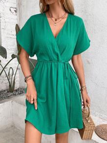 SHEIN LUNE Solid Batwing Sleeve Belted Wrap Detail Dress