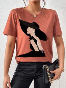 SHEIN Essnce 休闲图案印花圆领短袖修身女式 T 恤，适合夏季 - 鏽棕色 - 查看 1