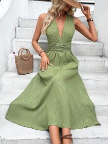 Breezaya Plunging Neck Criss Cross Tie Back Dress