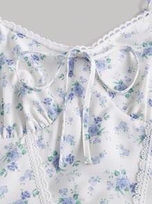 SHEIN MOD 大码女式蓝色碎花蕾丝边浪漫夏季吊带裙、沙滩裙、太阳裙、波西米亚风度假装、紧身胸衣裙